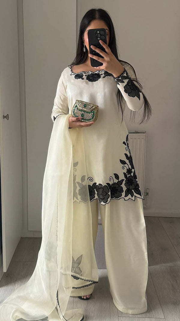 White Zauq Embroidered 3Pc